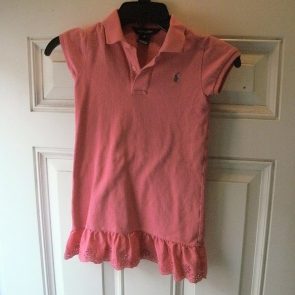 Ralph Lauren Preppy Pink Polo Dress with Eyelet Lace Ruffle girls size 5 - Picture 1 of 3